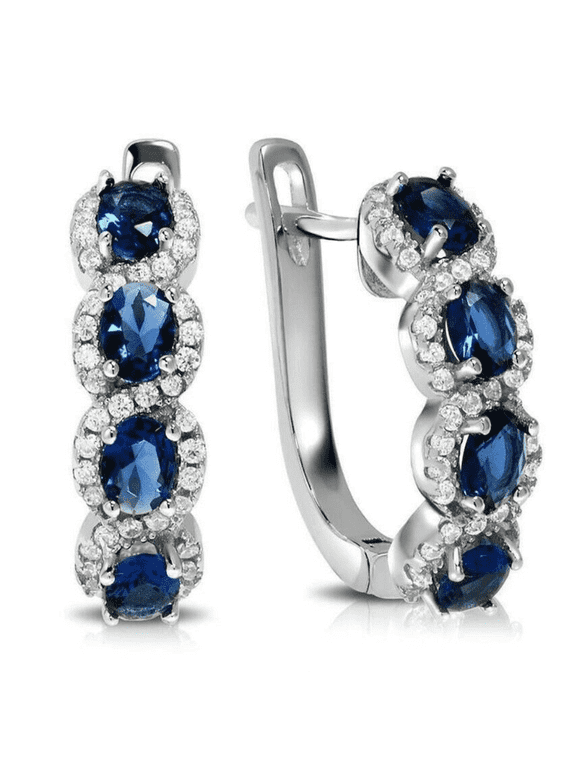 Blue & White Sapphire Halo Earrings in 14k White Gold Plated