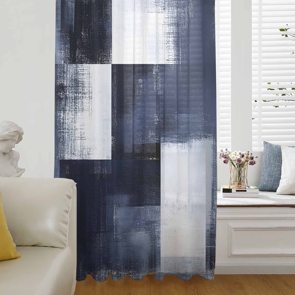 Blue White Semi Sheer Curtains Drapes for Living Room, Bedroom, French Doors Window 45 Inches Long, Abstract Graffiti Graffiti Art Paint Rod Pocket Chiffon Curtain Drapery Voile Draperies Panel