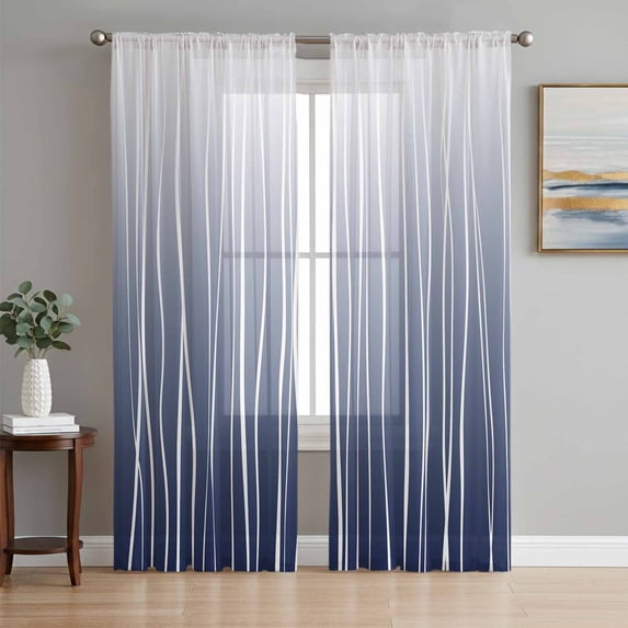 Blue White Sheer Curtains 84 Inch Length 2 Panels Set, Ombre Gradient Striped Minimalist Texture Voile Window Treatment Rod Pocket Curtains Sheers Drapes for Bedroom/Living Room/Kitchen 52"x84"x2