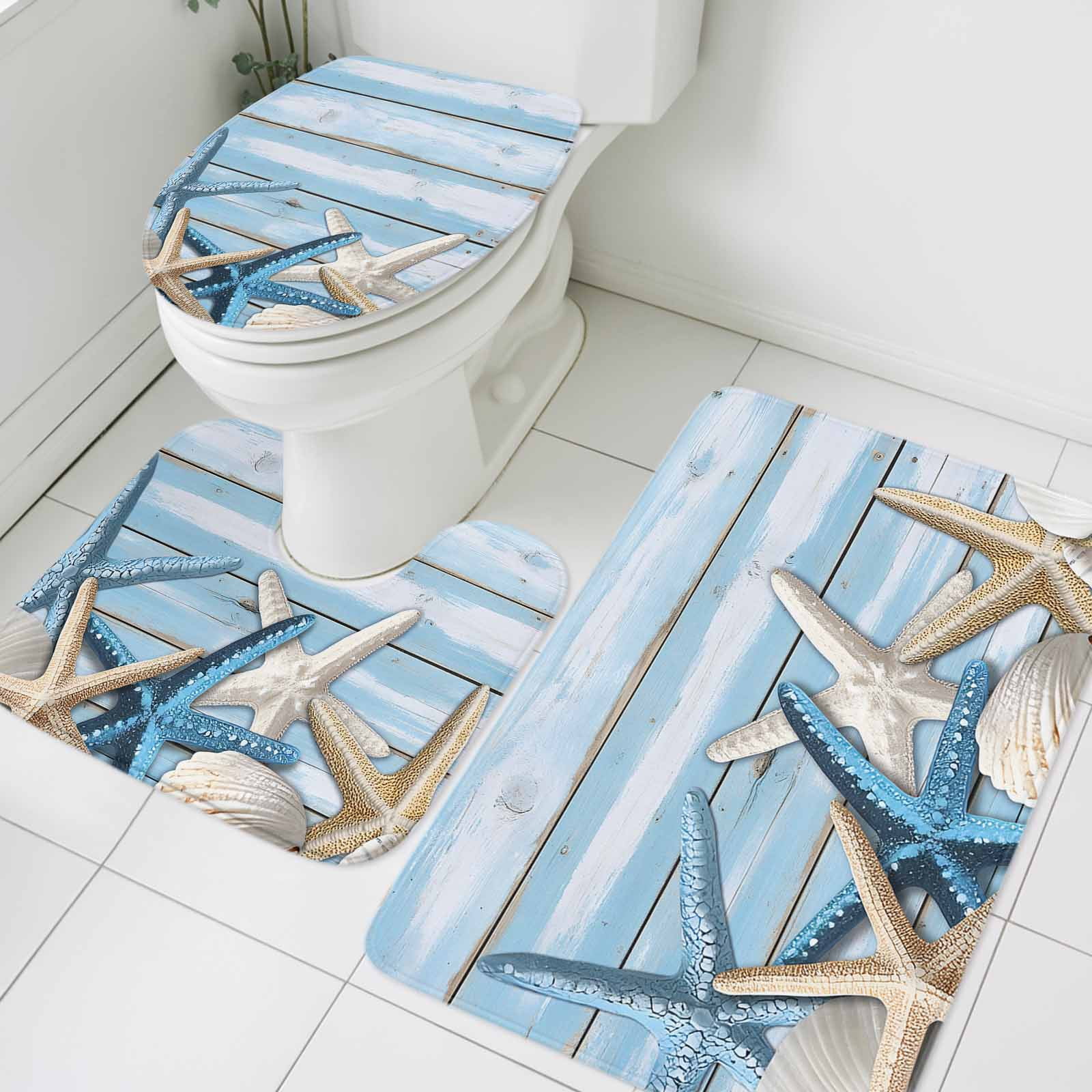 Blue White Shell Starfish Bathroom Rugs Set Sky Blue Wood Grain Non ...