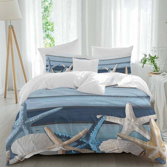 Blue White Shell Starfish Queen Size Comforter Set, Blue Wood Grain Summer Coastal Bedding for All Seasons, 4 Pcs Bed Set, 1Quiltcover (90"x92") ,1Sheet(94"x116"), 2Pillowcases (30"x20")