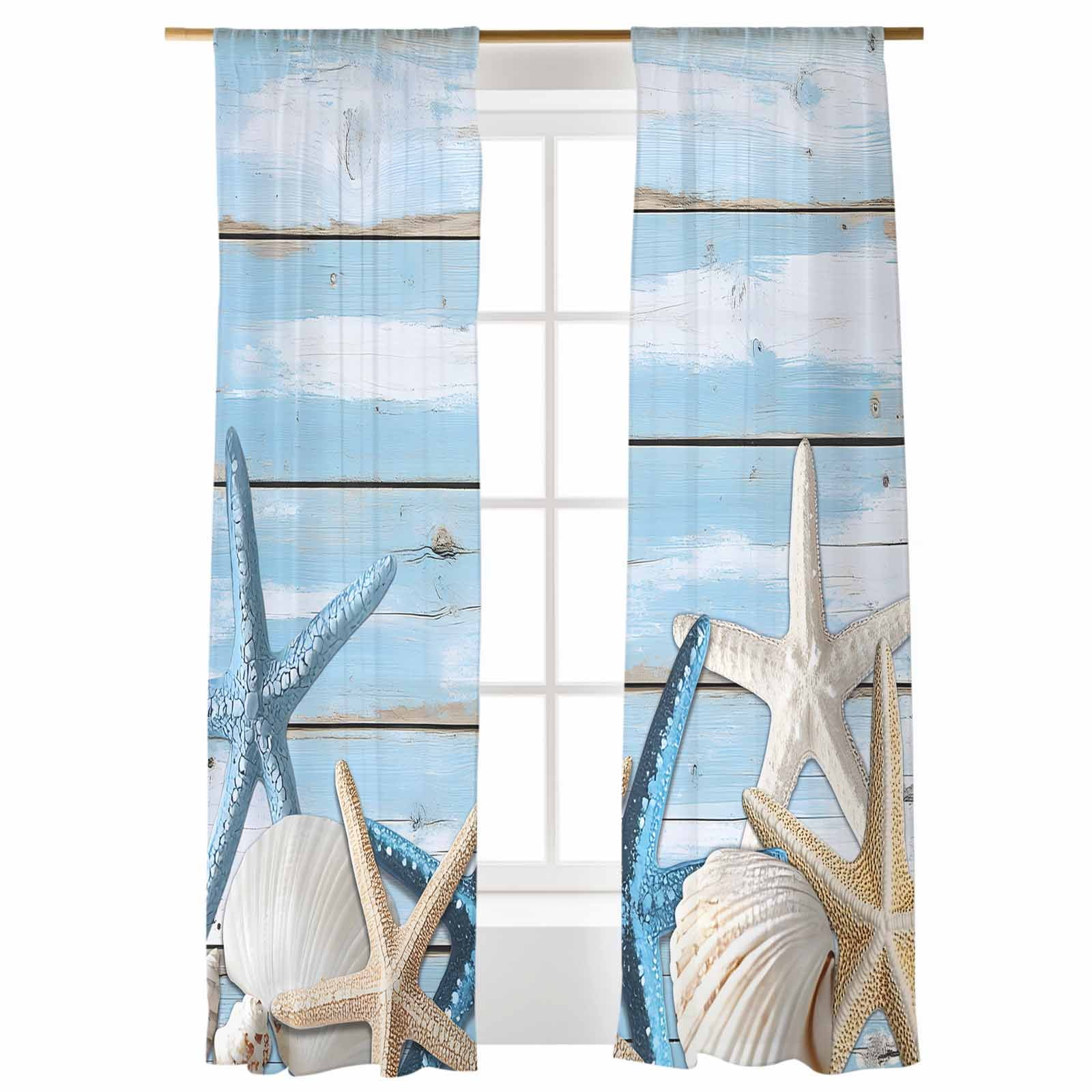 Blue White Shell Starfish Sheer Curtains 2 Panels Set, Sky Blue Wood ...