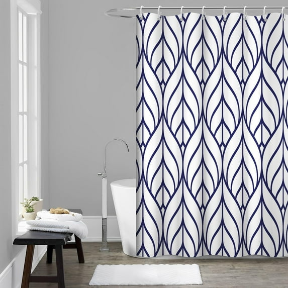 Blue and White Shower Curtain, Modern Aesthetic Navy Blue Striped Shower Curtain Set for Bathroom Waterproof Polyester Shower Curtain with Hooks, 60x72 Inch