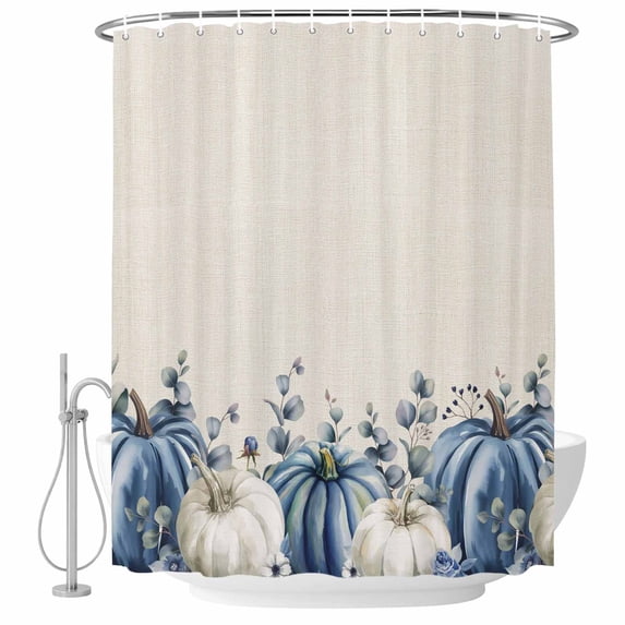 Blue White Shower Curtain, Waterproof Shower Curtains for Bathroom, Fall Thanksgiving Harvest Pumpkin Eucalyptus Washable Fabric Bathtub Curtain Set Bath Decor with 12 Hooks Long 72"x84"