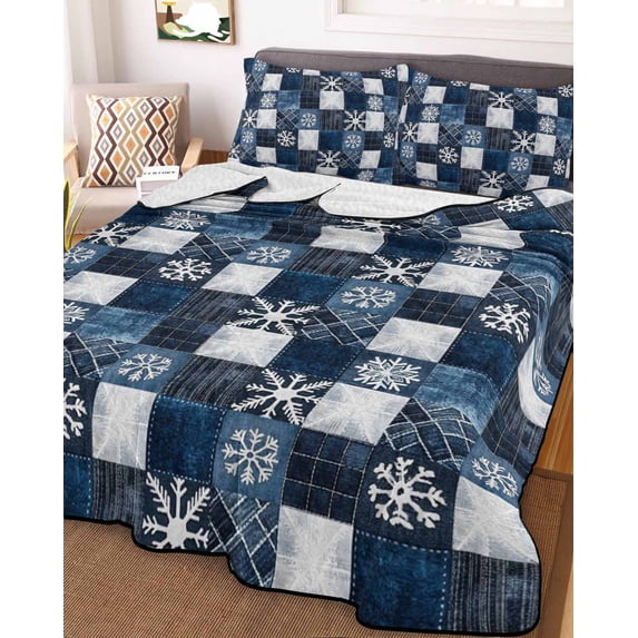 Blue White Snowflake King Size Down Alternative Comforter, Lightweight Comforter Quilt Bedding Set with Pillow Shams Winter Geometric Check Plaid All Seasons Bed Comforter Duvet Insert 96"x106"
