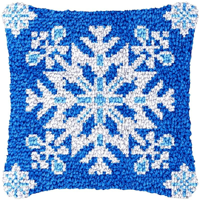 Blue White Snowflake Latch Hook Pillow Cover Kits for Needlework Cushion Throw Pillow Cross Stitch Crochet Hook Pillowcase Rug Kits Printed Canvas Crochet Yarn Kits Needlework 17'' X 17''