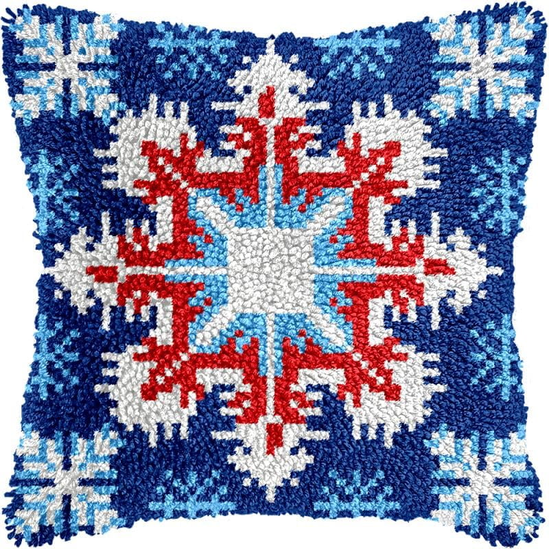 Blue White Snowflake Latch Hook Pillow Kits Cushion Pillowcase with Pattern Printed Canvas Sofa Hooking Pillows Crafts Embroidery Latch Hooking Crochet Kits 17x17 inch(29)