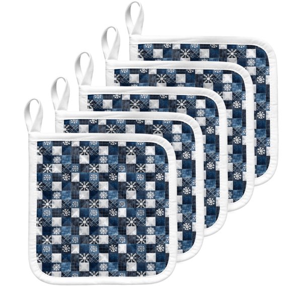 Blue White Snowflake Pot Holders for Kitchen Heat Insulation Potholder, Winter Geometric Check Plaid Kitchen Pot Holders Sets Washable Oven Hot Pads Cloth Trivet for Cooking Baking 5 Pack