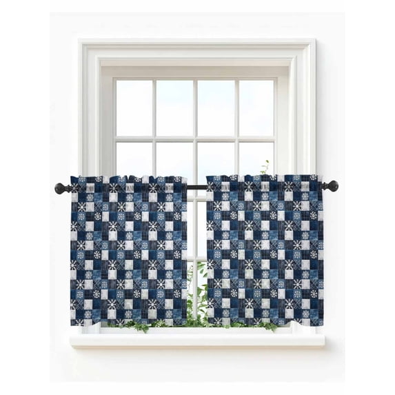 Blue White Snowflake Tier Curtains 36 Inch Length,Sheer Curtains for Bedroom Living Room Window Winter Geometric Check Plaid Rod Pocket Drapes Kitchen Curtains Small Half Window 27.5"x36" 2 Panels