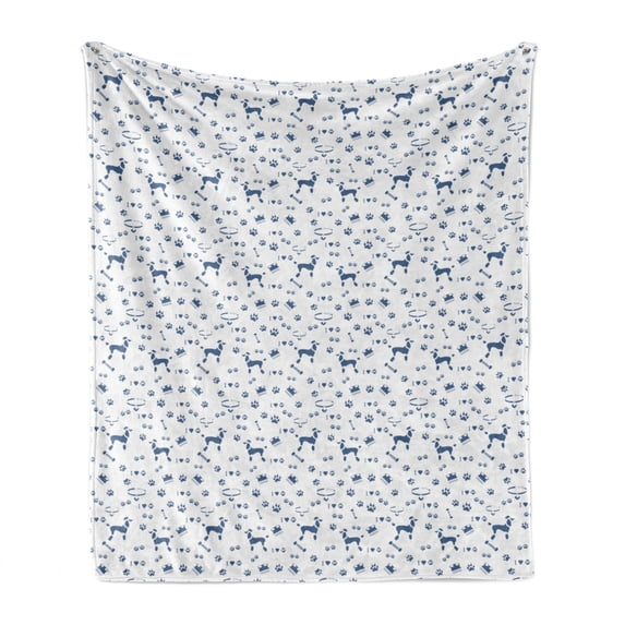 Blue and White Soft Flannel Fleece Blanket, Poodle Silhouette Comb Collar Dog Tracks Hearts Animal Lover Pet Theme, Cozy Plush for Indoor and Outdoor Use, 50" x 60", White Night Blue, by Ambesonne