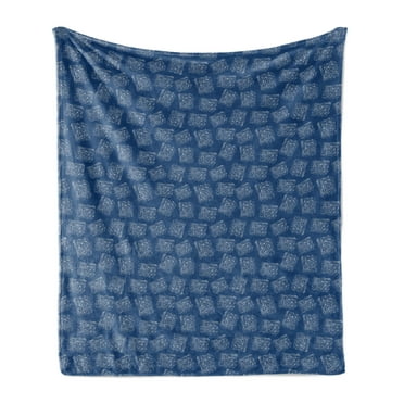 Blue and White Soft Flannel Fleece Blanket, Traditional Japanese Composition Watercolor Style Spotted Squares, Cozy Plush for Indoor and Outdoor Use, 50" x 70", Navy Blue and White, by Ambesonne