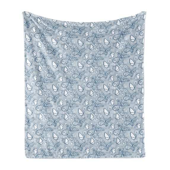 Blue and White Soft Flannel Fleece Throw Blanket, Abstract Doodle Flying Butterfly Motifs on Distorted Net Background, Cozy Plush for Indoor and Outdoor Use, 70" x 90", Blue and White, by Ambesonne