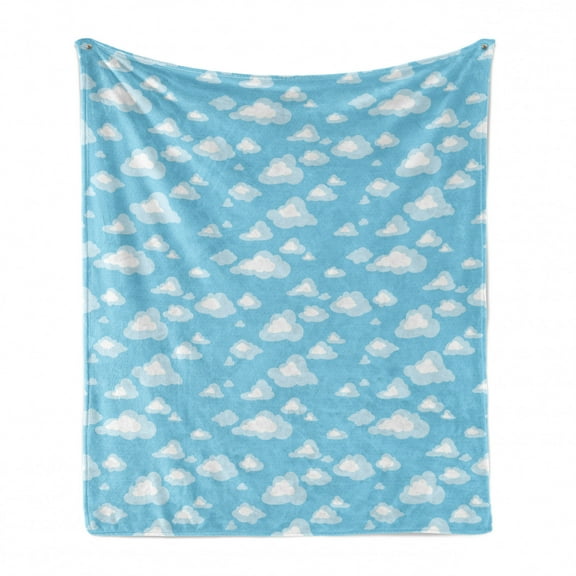 Blue and White Soft Flannel Fleece Throw Blanket, Cartoon Sky with Fluffy Clouds Clear Day Baby Pattern, Cozy Plush for Indoor and Outdoor Use, 60" x 80", Baby Blue Pale Blue, by Ambesonne