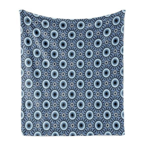 Blue and White Soft Flannel Fleece Throw Blanket, Circles with Floral Elements and Dots Abstract Eye Retro, Cozy Plush for Indoor and Outdoor Use, 50" x 70", Slate Blue Black White, by Ambesonne