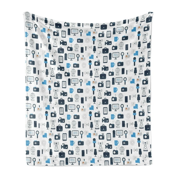 Blue and White Soft Flannel Fleece Throw Blanket, Journalism Mass Media Communication Theme Press TV News, Cozy Plush for Indoor and Outdoor Use, 60" x 80", Pale Blue Dark Blue, by Ambesonne