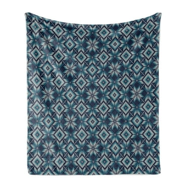 Blue and White Soft Flannel Fleece Throw Blanket, Winter Holiday Fair Isle Pattern Illustration Nordic Retro, Cozy Plush for Indoor and Outdoor Use, 50" x 70", Pale Blue Navy Blue, by Ambesonne