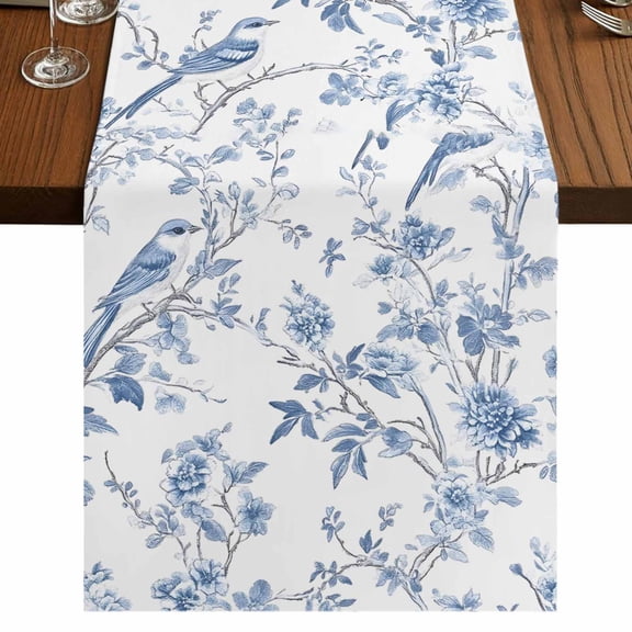 Blue White Spring Floral 120 Inch Table Runner, Summer Botanical Birds Farmhouse Dresser Scarf Cotton & Linen Tablerunner for Dining/Kitchen Island/Holiday Party Décor 13" x 120"