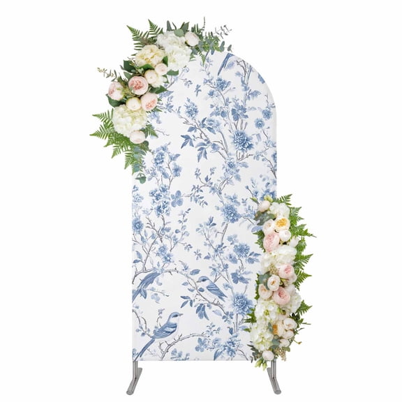 Blue White Spring Floral Arch Backdrop Cover, Spandex Fitted Wedding Arch Cover, Summer Botanical Birds Round Top Stand Covers for Birthday Ceremony Bridal Shower Party Decor 5x2.1 Ft