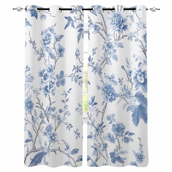 Blue White Spring Floral Blackout Curtains 45 Inches Long for Bedroom, Summer Botanical Birds Thermal Insulated Room Darkening Black Out Window Curtain Panels Grommet Drapes for Living Room