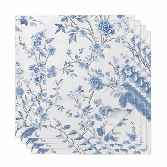 Blue White Spring Floral Cloth Napkins, Summer Botanical Birds Washable and Reusable Dinner Napkins Set of 4, Table Napkin for Kitchen Party Birthday Wedding Hotel Housewarming 20"x20"