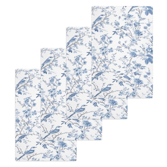 Blue White Spring Floral Hand Towels Set, Waffle Weave Kitchen Towels 4 Pieces, Summer Botanical Birds Microfiber Hair Face Bath Tea Towel Absorbent Quick Drying Cleaning Dish Cloths, 15.7"x23.6"