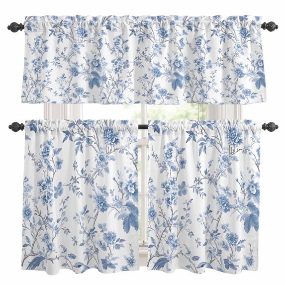 Blue White Spring Floral Kitchen Curtains Sets for Windows 36 Inch Length, Summer Botanical Birds Rod Pocket Window Treatments Tier Curtains and Valances Set for Bedroom/Bathroom