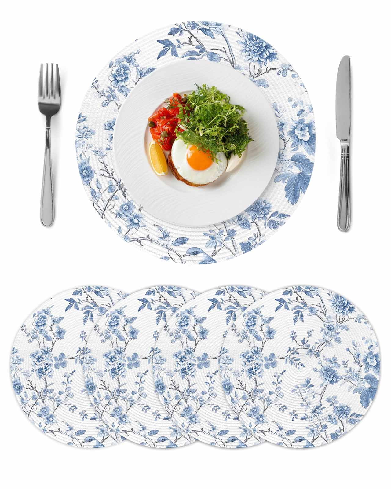Blue White Spring Floral Round 13 Inch Placemats Set of 4, Summer ...