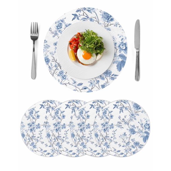 Blue White Spring Floral Round 13 Inch Placemats Set of 4, Summer Botanical Birds HeatResistant Non Slip Place Mats for Dining Table, Wipeable Braided Kitchen Table Mats for Housewarming