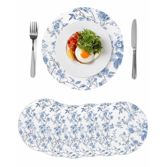 Blue White Spring Floral Round Placemats Set of 6 for Dinning Tables,Heat-proof Braided Table Mats 13 Inch,Summer Botanical Birds Washable Place Mat for Kitchen Restaurant Party Decor Table Setting