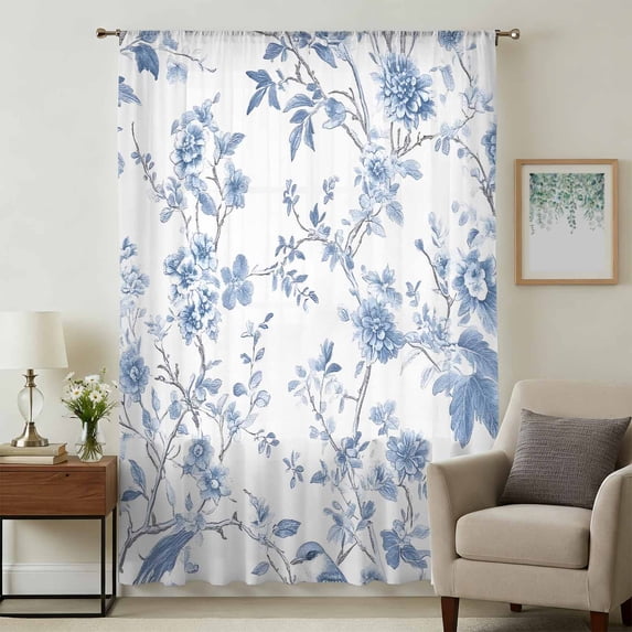 Blue White Spring Floral Sheer Curtains 45 Inches Long, Summer Botanical Birds Light Filering Curtains, Breathable Simi Curtain Privacy Drapes for Kitchen Bathroom Lightweight Small Window Treatment
