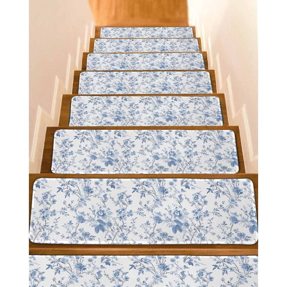 Blue White Spring Floral Stair Treads for Wooden Steps Indoor Runner Rug Carpet, Summer Botanical Birds 4 Pieces Peel and Stick Staircase Step Treads Covers Washable Throw Door Mats, 30"x8"