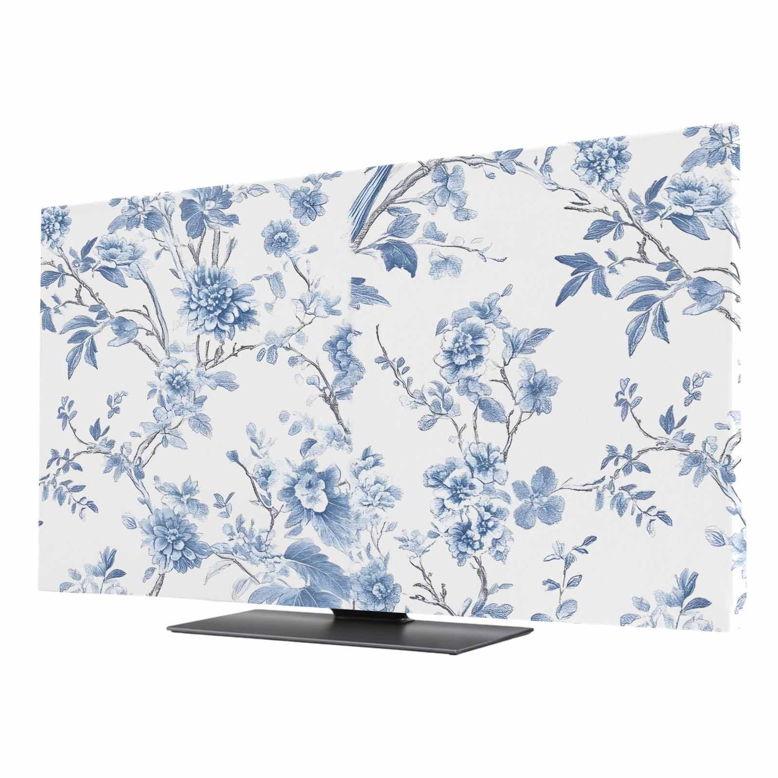 Blue White Spring Floral TV Cover for 75 Inch Screen, Stretch Fabric ...
