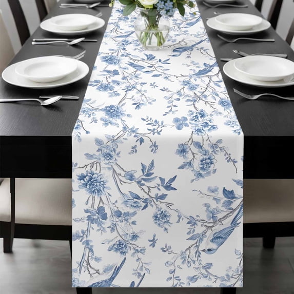 Blue White Spring Floral Table Runner 48 Inches Long, Summer Botanical Birds Kitchen Coffee Dining Table Decoration for Home Party Birthday Wedding Home Decor 13x48 Inches