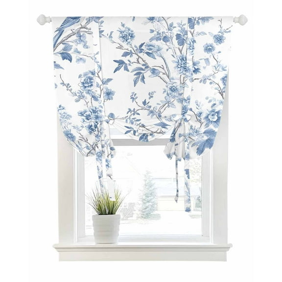 Blue White Spring Floral Tie Up Curtains for Window, Thermal Insulated Balloon Shade Adjustable Rod Pocket Curtains Valance Panels for Kitchen Bathroom Cafe 52 x 63 Summer Botanical Birds
