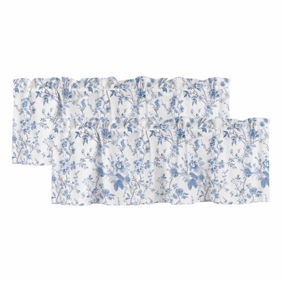 Blue White Spring Floral Valances for Windows, Light Filtering Kitchen Curtain Valances 2 Panels, Summer Botanical Birds Rod Pocket Short Window Treatments for Living Room Bedroom 42"Wx12"L