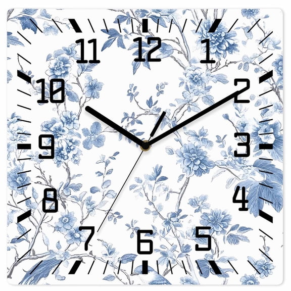 Blue White Spring Floral Wooden Wall Clock Silent Non Ticking, Summer Botanical Birds Square Wall Clocks Battery Operated, Decor Clock for Home Office, Living Room, Kitchen, 10 Inch