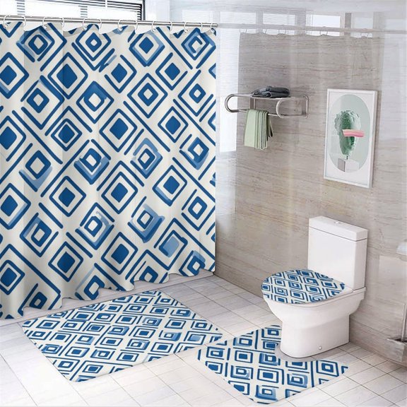 Blue And White Squares, Triangles, And Diamonds 4 Pcs Shower Curtain Set with Non-Slip Rugs Toilet Lid Cover And Bath Mat Traditional Textures Waterproof Durable Bathroom Decor Shower