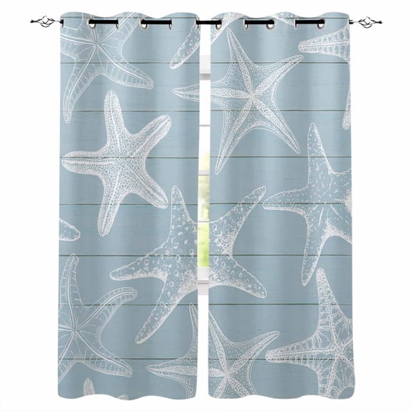 Blue White Starfish Blackout Curtains for Bedroom, Coastal Ocean Summer Sea Nautical Thermal Insulated Kitchen Drapes with Grommets, Light Blocking Window Treatment, 2 Panels 42" x 63"
