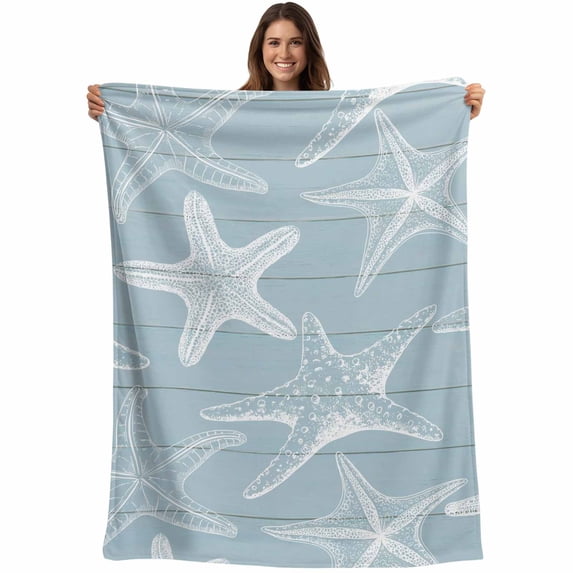 Blue White Starfish Blanket Soft Cozy Warm Throw Blanket for Couch, Plush Fuzzy Flannel Fleece Blankets for Sofa, Coastal Ocean Summer Sea Nautical Bed Blankets Lightweight Gifts for Women, 50"x80"