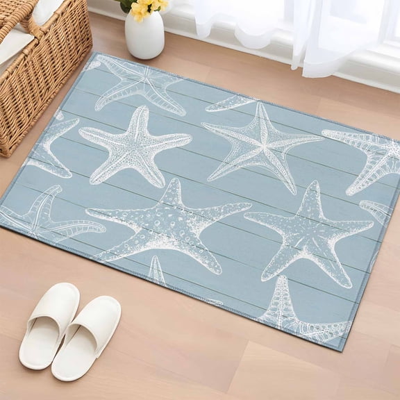 Blue White Starfish Entryway Rug 2'x3' Non Slip Front Door Mats, Coastal Ocean Summer Sea Nautical Entrance Rugs Indoor Outdoor Carpet, Washable Floor Mats Small Area Rug for Bedroom Kitchen