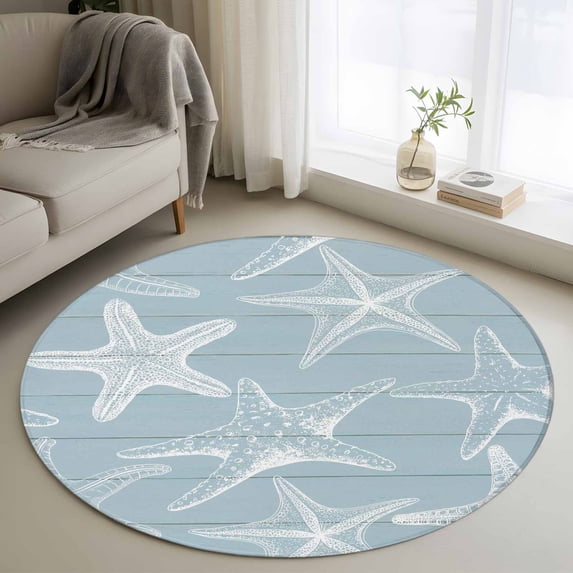 Blue White Starfish Round Area Rug 3Ft Washable Small Circle Rugs for Kitchen Entryway, Coastal Ocean Summer Sea Nautical Non-Slip Carpet Floor Mats Indoor Outdoor Carpet Runner Aesthetic Home Decor