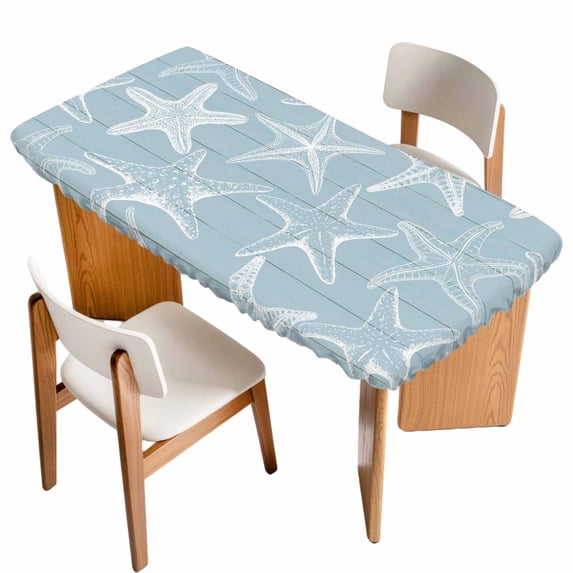 Blue White Starfish Table Cloths for 3 Foot Rectangle Tables, Coastal Ocean Summer Sea Nautical Patio Waterproof Elastic Fitted Tablecloths, Washable Rectangular Table Cover for Camping