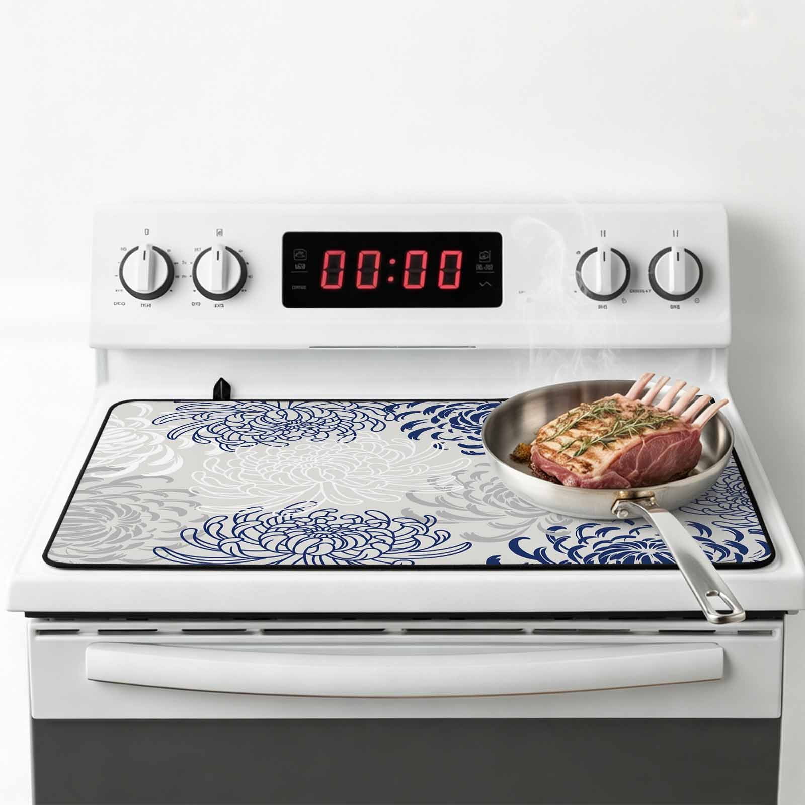 Blue White Stove Top Cover for Electric Stove, Heat-proof & Non Slip Glass Top Stove Cover Protector, Abstract Grey Chrysanthemum Flower Floral Kitchen Flat Cooktop Rubber Mat 36x21 Inches