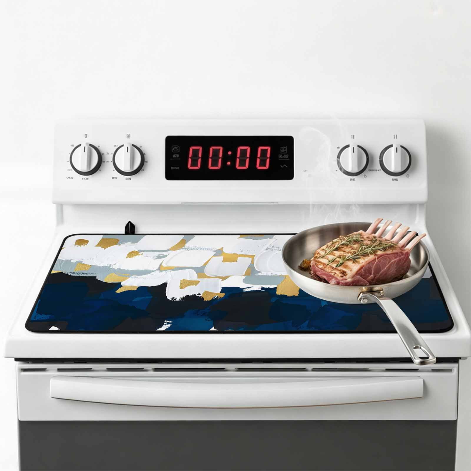 Blue White Stove Top Cover for Electric Stove, Heat-proof & Non Slip Glass Top Stove Cover Protector, Gold Graffiti Painting Art Retro Country Kitchen Flat Cooktop Rubber Mat 28.5x20.5 Inches