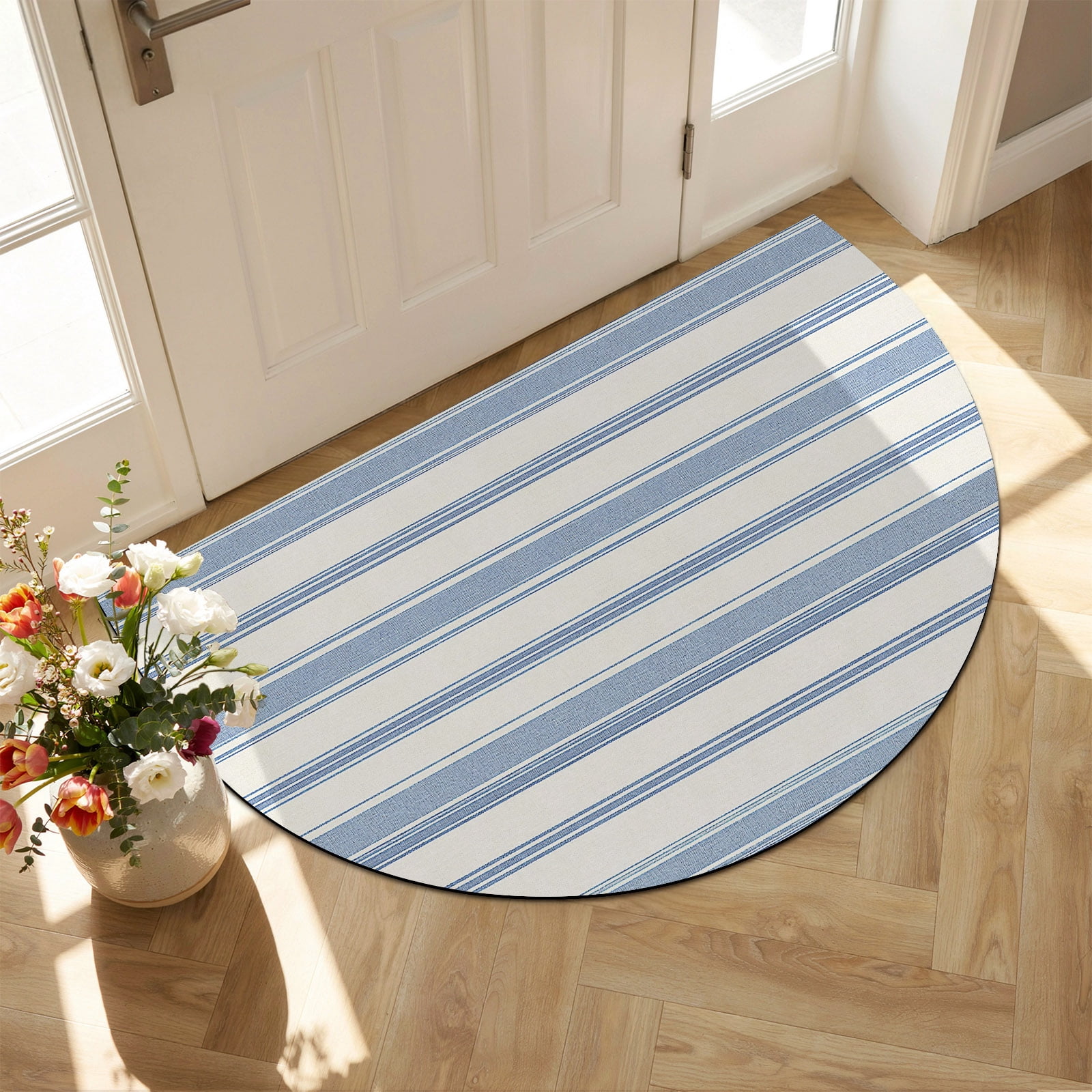Horizontal Line Rug Blue White Stripe Diatomaceous Earth Bath Mat, Minimalist Horizontal ...