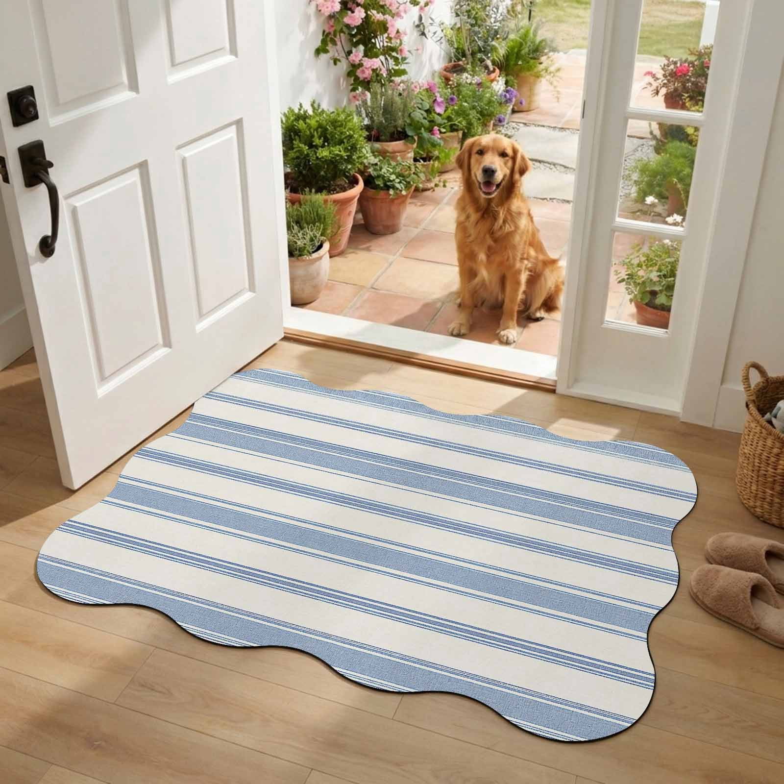 Horizontal Line Rug Blue White Stripe Diatomaceous Earth Bath Mat, Minimalist Horizontal ...