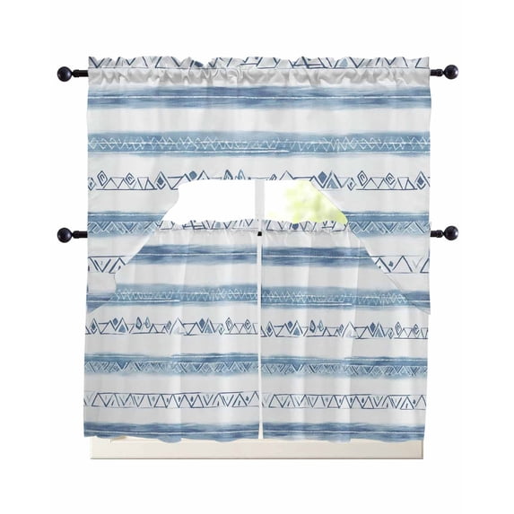 Blue White Stripe Kitchen Curtains Swag Valance and Tier Curtains Set 36 Inch Length, Modern Abstract Geometric Stripes Rod Pocket Drape Panels Pair Swag Curtain for Bathroom/Cafe/Window