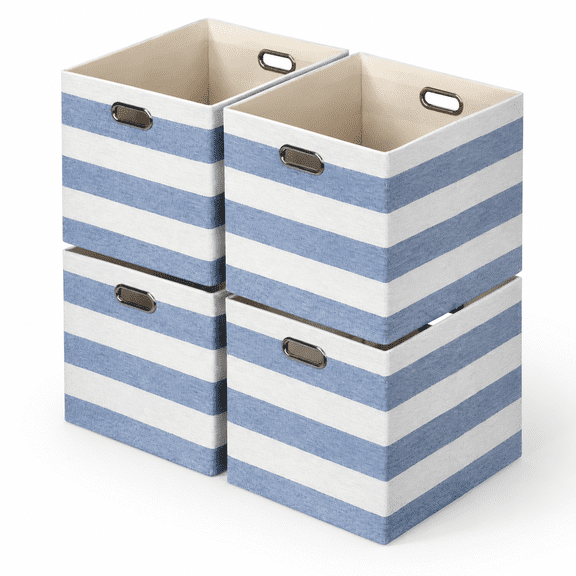 Blue/White Stripe Linen Storage Cubes, Pack of 4, 13 x 15 x 13 Inch Home Organizing Bins