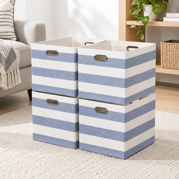 Blue/White Stripe Linen Storage Cubes, Pack of 4, 13 x 15 x 13 Inch Home Organizing Bins
