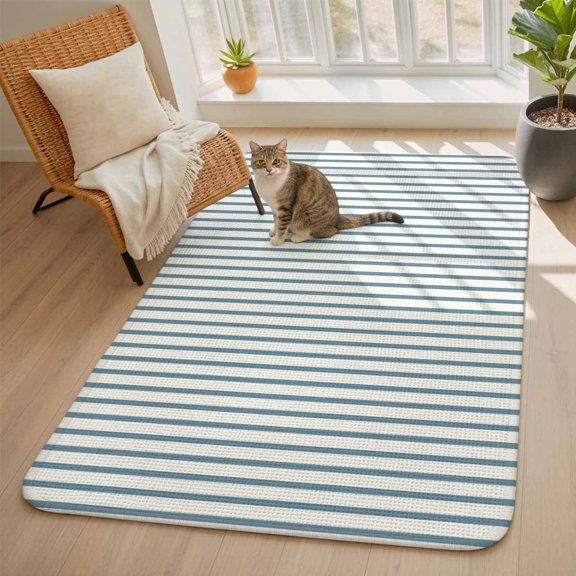 Blue White Stripe Pattern Area Rugs for Living Room 5x6, Simple Style Light Blue Pinstriped Washable Area Rug with Non Slip Backing, Stain Resist Carpet for Bedroom, Dining Room, Entryway, Entrance